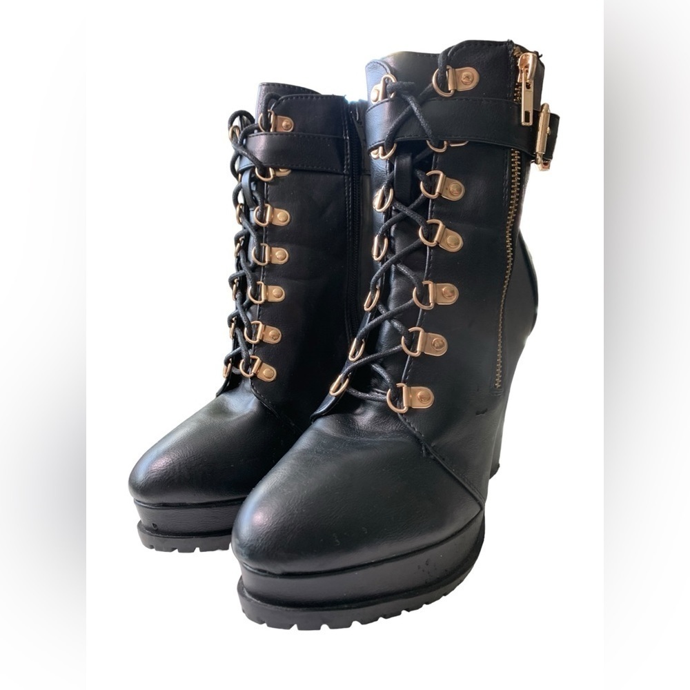 Black & Gold lace up bootie with Zipper high heels boots - Picture 15 of 16